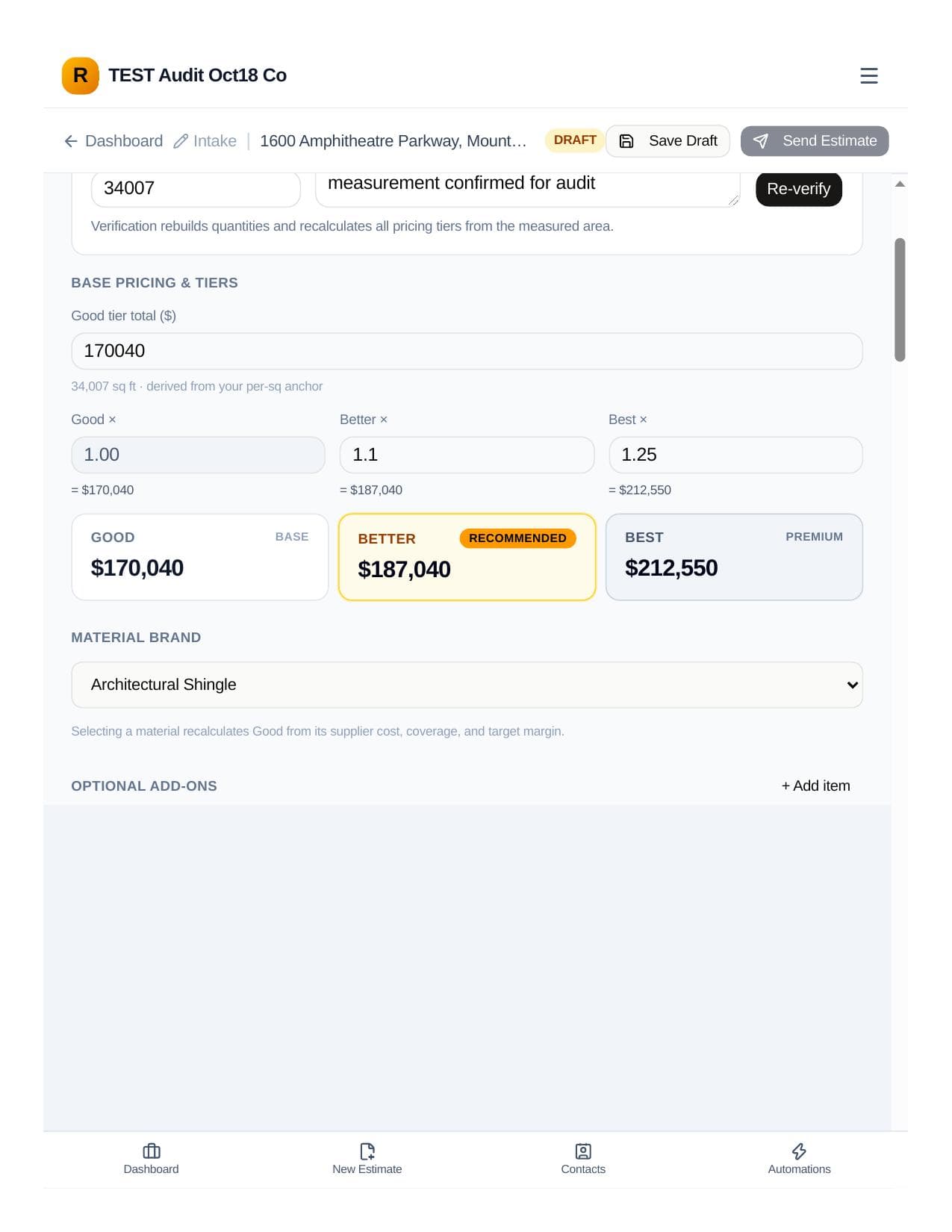 RoofHQ good better best roofing tier prices in the estimate editor
