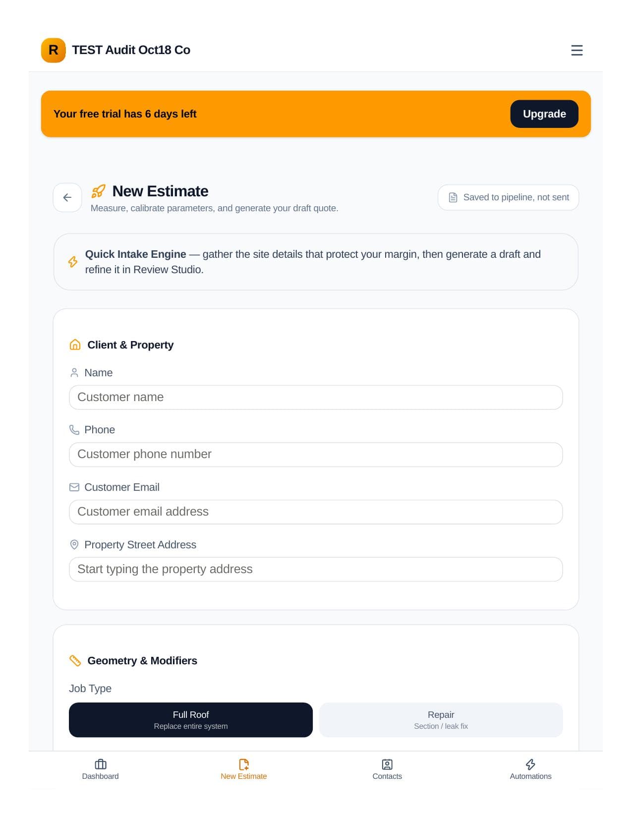 RoofHQ new estimate intake form for roofing contractors