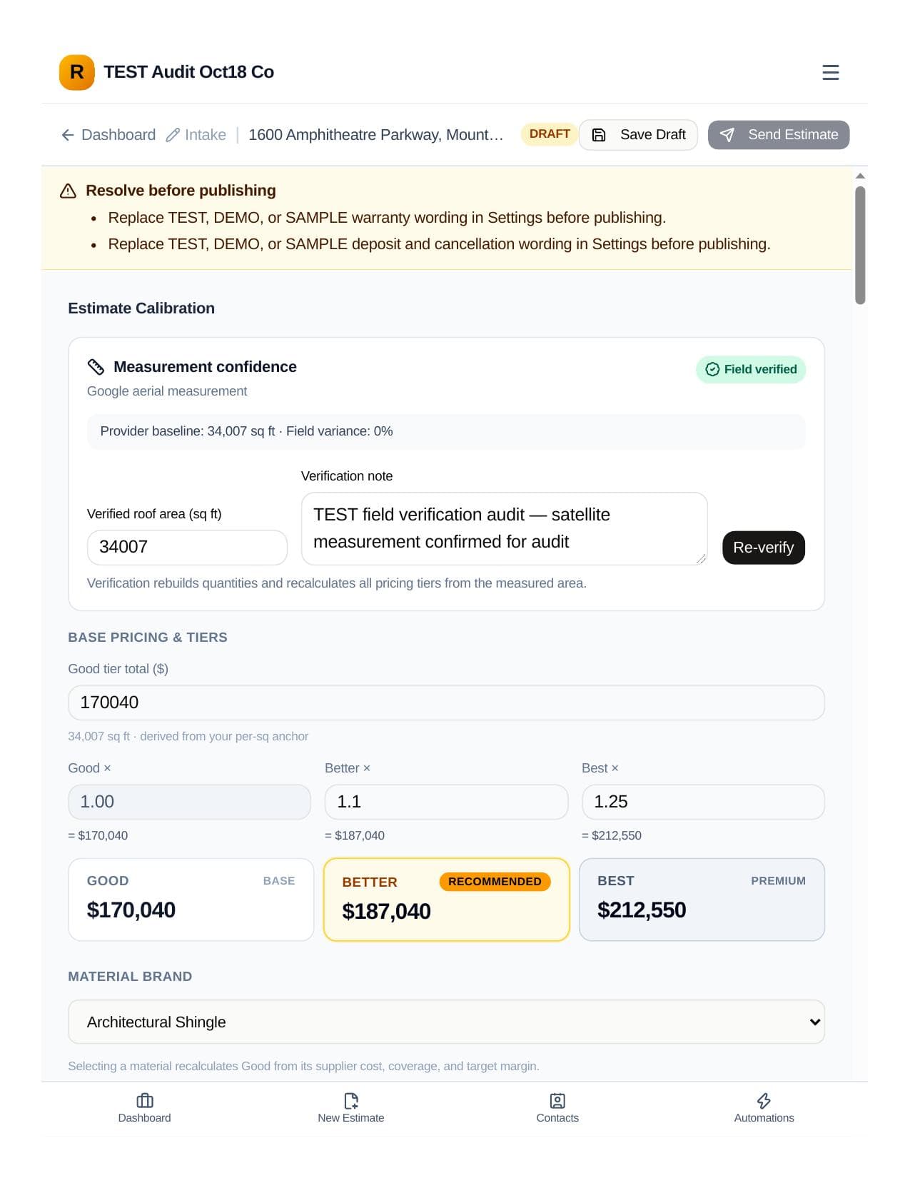 RoofHQ Review Studio showing an editable roofing estimate