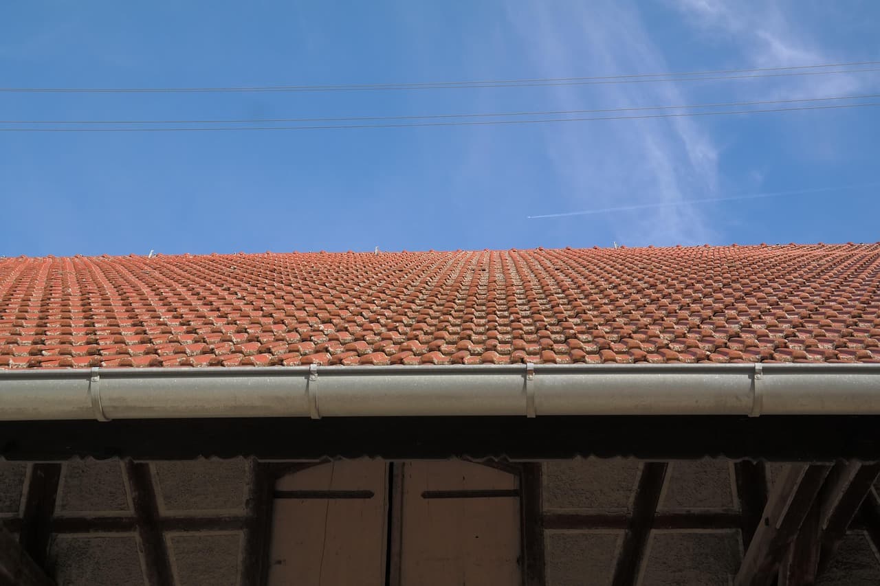 Roof panels and gutter on a barn roof